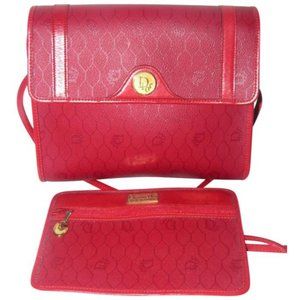Dior Vintage Red Honeycomb Print Crossbody 2-Way Coated Canvas And Red Leather